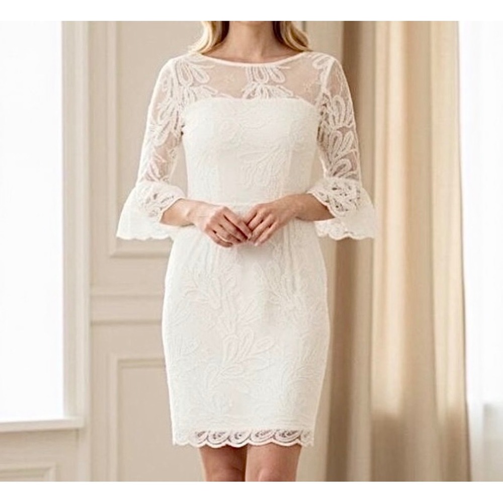 Ivory‎ Embroidered Sheath Dress Bridal Rehearsal Dinner Bell Sleeve Sz 6 NWT